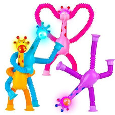 4 Pack Led Telescopic Suction Cup Giraffe Toys,Pop Tubes, Shape Changing Telescopic Tube Fidget Toys, Toddler Sensory Toys, Fidget Tubes Sensory Toys For Girls Boys (Giraffe)