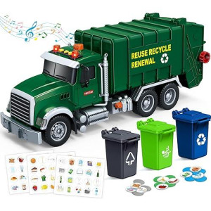 Springflower Toy For 3 4 5 6 7 Years Old Boy,15" Large Garbage Truck Toys For Kids,Friction Powered Garbage Truck With Sound And Light, Trash Bins,Learning Cards,Birthday Gifts For For Boys & Girls