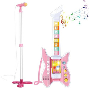 Deao Kids Guitar And Microphone Set With Stand Adjustable Height Music Light Karaoke Music Toys Christmas Birthday Gift For Kids Boys Girls (Pink)