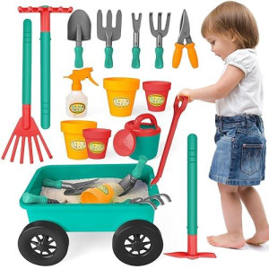 Deao Kids Garden Wagon Wheelbarrow And Gardening Tools Play Set Includes 10 Accessories And 4 Plant Pots,Great Outdoor Toddler Toys Kids Gardening Set