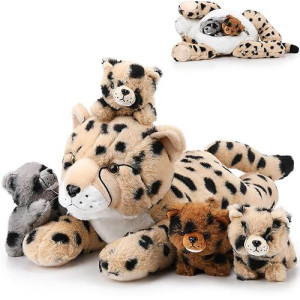 Silipull 5 Pcs Cheetah Stuffed Animals Set Large Mommy Cheetah Plush With 4 Soft Cuddly Baby Cubs In Her Tummy For Boys Girls Birthday Graduation Gifts Forest Party Decors(Lying Style)