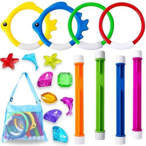 Yujun 18Pcs Pool Diving Swimming Toys, Summer Underwater Game Toys With Pool Fishes Dive Sticks Rings Gems Storage Bag For Kids Swim Birthday Party Favors