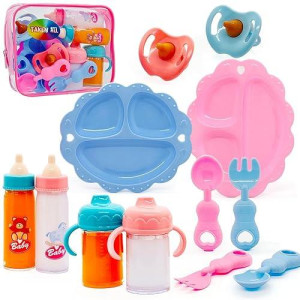 Baby Doll Accessories Magic Bottle Set Magic Disappearing Milk Juice Bottles Sippy Cups With Pacifiers Bowl Spoons, Doll Bottle Toys Feeding Pretend Playset For Kids Girls Ages 3+ (Small Set(10Pcs))