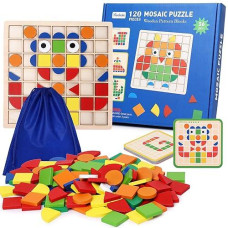 Zqftzq 120Pcs Wooden Pattern Blocks - Geometric Shapes Blocks Pattern With 20 Cards(40 Patterns) And Storage Bag,Wooden Mosaic Color Shapes Puzzles Toys For Kids Ages 3-5 Tangram Toys