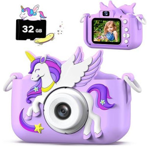 Upgrade Kids Camera For Boys Girls, Toddler Digital Selfie Camera With Cute Protective Cover And 32G Sd Card, Christmas Birthday Gifts Toys For 3 4 5 6 7 8 9 10 11 12 Years Old Little Girls And Boys