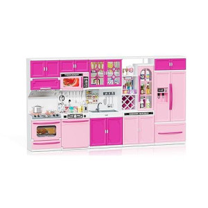 Wee Wonders 57 Pcs Kitchen Playset For Girls, 5-In-1 Toddler Mini Kitchen With Realistic Lights & Sounds, Doll Kitchen House Toy, Mini Furniture Pretend Play Toys For Kids Age 3+, Pink