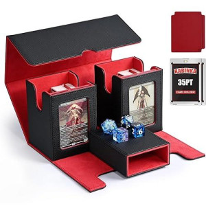 Kabinka Card Deck Box For Mtg With 2 Commander Display Windows, Removable Card Storage Box With Dice Tray Holds 420+ Unsleeved Cards, Magnetic Card Deck Box For Tcg Ccg Edh (Black Red)