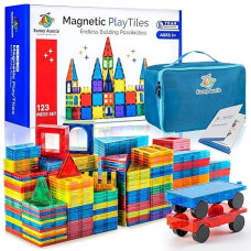 Sunny Auntie Magnetic Tiles 123 Pcs + Zippered Case, Magnetic Tiles For Kids Toy For 3 4 5 6 7 8 Year Old Boys & Girls, Great Gift For Kids Aged 3-8