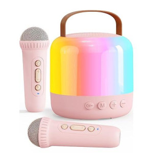 Iyoyo Mini Karaoke Machine For Kids Portable Bluetooth 5.3 Speaker With 2 Wireless Kareokee Microphones, 360° Colorful Led Light Karaoke Toy Gifts For Girls Boys Ages 4-12 Birthday(Peach Pink-2 Mic)