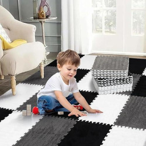 36 Pcs Plush Interlocking Carpet Tiles，Non-Toxic Foam Carpet Tiles For Toddler Baby，Machine-Washable，Anti-Slip，Eva Foam Interlocking Tiles For Floor, Nursery, Playroom，Grey White Black