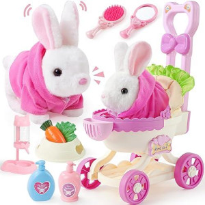 G.C Kids Bunny Toys Rabbit Plush With Stroller, Hopping Walking Electronic Interactive Stuffed Animal Accessories Pretend Play Pet Care Playset Gifts For Girls Toddlers 3 4 5 6+ Year Old