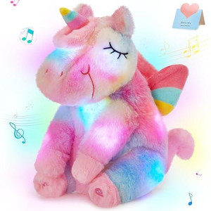 Athoinsu Rainbow Musical Light Up Unicorn Stuffed Animal Soft Furry Plush Toy With Led Night Lights Children'S Day Birthday Valentine'S Day Gifts For Kids Toddler Girls,12''