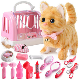 Worwoder Plush Electronic Interactive Cats That Move And Meow Walking Wagging Lifelike Stuffed Kitten Toy Pet For Girls Kid With 15Pc Parts(Yellow)