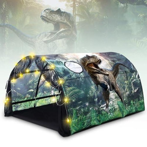 Wowangce Dinosaur Bed Tent For Kids Large Kids Twin Tent Toddler Play Tent With Carry Bag Foldable Tent For Kids With String Lights For Girls Boys Bedroom Indoor Games