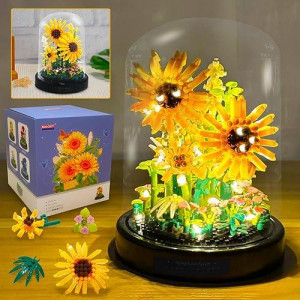 Allhero Sunflwer Building Block With Led String Light And Dust Cover, Flower Bouquet Building Set Gifts For Mothers Day, Valentines Day, Birthday, Anniversary, Christmas