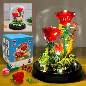 Allhero Flower Bouquets Building Sets With Led String Light And Dust Cover, Rose Bouquet Building Block Gifts For Mothers Day, Valentines Day, Birthday, Anniversary, Christmas