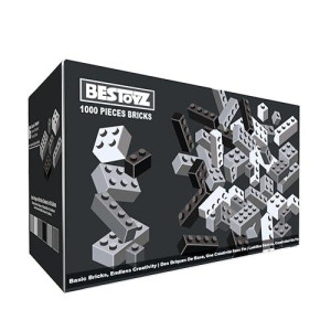 Building Bricks 1000 Pieces In Black, Dark Grey, Light Grey & White, Classic General Building Blocks Toys For Boys & Girls, Bulk Basic Brick Tiles For Adult'S Building Projects