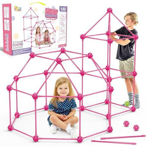 Springflower Fort Building Kit For Kids,Stem Construction Toys, Educational Gift For 3 4 5 6 7 8 9 10 11 12 Years Old Boys And Girls,Ultimate Creative Set For Indoor & Outdoors Activity,140 Pcs,Pink