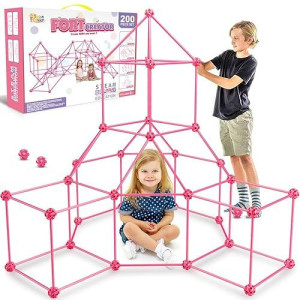 Springflower Fort Building Kit For Kids,Stem Construction Toys, Educational Gift For 4 5 6 7 8 9 10 11 12 Years Old Boys And Girls,Ultimate Creative Set For Indoor & Outdoors Activity,200 Pcs,Pink