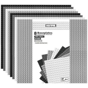 Bestoyz Building Bricks Baseplates Multipack 32X32 Stud, 8 Pack Of Base Plates In Color Of Black, Dark Grey, Light Grey & White, Foundation & Display For Building Blocks, 10X10 In. (25.5X25.5 Cm)