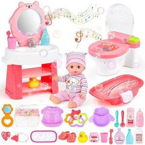 Deao 12 Inch Baby Doll Set 26 Pcs Doll Playset With Bathroom Sink,Toilet,Bathtub And Accessories,Pretend Play Doll Toys With Sound And Light For 3 4 5 6 7 8 Years Old Kids Girls Boys