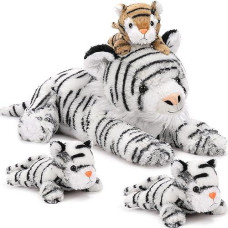 Maogolan White Tiger Stuffed Animals,Stuffed Mommy Tiger With 3 Cubs, 4 Pcs Large Tiger Plush Toy Set For Boys Girls, Birthday Gift 17 Inches