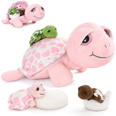 Morismos Sea Turtle Stuffed Animal With Babies,14 In Mommy Turtle With 3 Baby Turtles Plush, 2 Eggs Plushies Inside Belly Pouch,Big-Eyed Turtle Toys For Toddlers Kids,Pink Turtle Gifts For Girls Boys