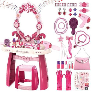 Deao Toddler Vanity Makeup Table Toy With Mirror & Chair,Kids Vanity With Light&Music,Pretend Play Makeup Toy With Hair Dryer Toy,Toddler Beauty Salon Set,Gift For Girls 3 4 5