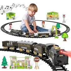 Deao Train Set With Light & Sound For Kids,Classic Christmas Train Toys Railway Kits With Signposts & Trees,Cargo Carriages For Boys & Girls 3+,Electric Train Track Playset Great Toy Birthday & Xmas