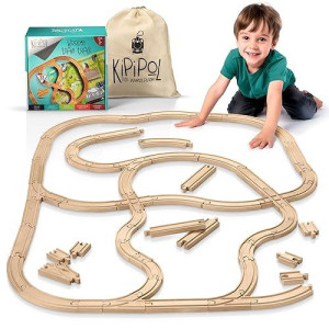 Kipipol Wooden Train Tracks Set - 52 Pcs+Bonus Railroad Map -Compatible W All Major Wooden Railway Toy Brands Including: Thomas The Train Track Set, Brio Train, Melissa And Doug Train Set For Kids 3+