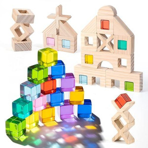 Woodtoe Wooden Rainbow Building Blocks Set For Kids | 22 Pcs Wooden Blocks & 25 Pcs Acrylic Gem Cubes Sensory Toys | Montessori Stacking Toys For Toddlers | Educational Stem Toys For Boys Girls 3-6