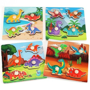 Wooden Peg Puzzles For Toddlers 1-3, Kids Educational Preschool Peg Puzzle Toy Ages 2-4, Set Of 4 Dinosaur Toddler Puzzles, Ideal Gift For Ages 1 2 3 4 Boys And Girls