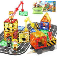 Kids Games Magnetic Tiles With 2 Cranes Construction Toys Set Sensory Toys For Boys Girls Ages 3-6 5-7 8-13, Gifts For 3+ Year Old Boys Girls Toddler Outdoor Kids Toys With Car