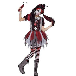 Momkonzz Girls Halloween Costumes Kids Creepy Killer Clown Costume Short Sleeve With Headpiece Tights 9-10Y