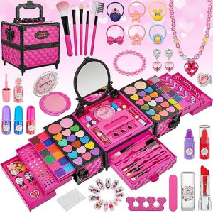 99 Pcs Kids Makeup Kit For Girls, Princess Toys Real Washable Cosmetics Set With Mirror, Hair Ties, Nails, Rings, Earrings, Necklace, Perfect For 3 4 5 6 7 8 Year Old Girls Birthday