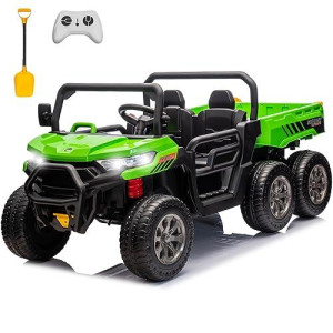 Sopbost 2 Seater 24V Kids Ride On Truck With Electric Dump Bed, Extra Shovel, 4Wd Battery Powered Ride On Toy Car With Remote Control, Music Play, Eva Tires Wheels, Green