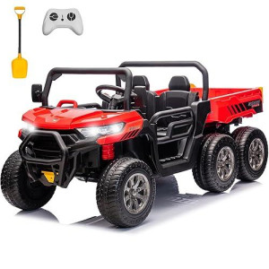 Sopbost 2 Seater 24V Kids Ride On Truck With Electric Dump Bed, Extra Shovel, 4Wd Battery Powered Ride On Toy Car With Remote Control, Music Play, Eva Tires Wheels, Red