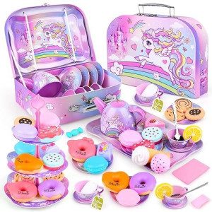 Auney Tea Set Toys For Girls 36Pcs, Unicorn Tea Party Toy Pretend Play For Little Girls, Girls Toys For Tea Time Toy Gifts For Girls (Pink Purple Unicorn)