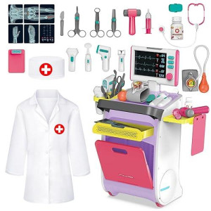 Deao Doctor Kit For Kids Aged 3- 5, Toddlers Pretend Doctor Playset Role Play Toys With Cart Costume Stethoscope And Thermometer, Halloween Birthday Gift For Girls Boys (Pink)