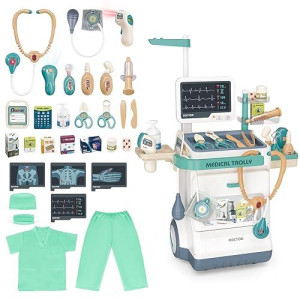 Deao Doctor Kit For Toddlers 3-5, Kids Doctor Playset Toys, Pretend Station Set With Cart, Costume ,Stethoscope And Thermometer, Halloween Costume Gift For Boys Girls Role Play (Green)