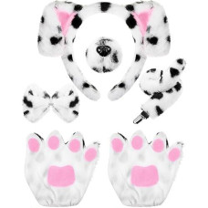 Syhood Puppy Dog Costume Set Kids Dog Ears Headband Bowtie Nose Tail Paw Gloves Puppy Animal Costume For Halloween Carnival World Book Day(Black White,Simple Style)