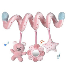 Ucdoet Car Seat Toys,Spiral Stroller And Carseat Hanging Toys Babies 0-6 Months,Crib/Bassinetr Infant Toys With Mirror Bb Squeaker And Rattles (Cute Pink Pig)