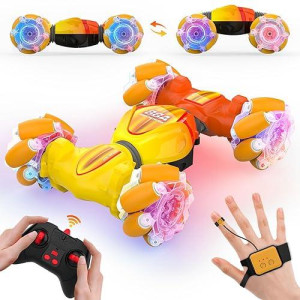 Sauftti Gesture Sensor Rc Cars, Hand Controlled Stunt Remote Control Car Toys For 6-12 Yr Kids Boys, 2.4Ghz 4Wd Double Sided Rc Twist Car With Lights Music, Birthday Xmas Gifts For Boys Girls, Yellow