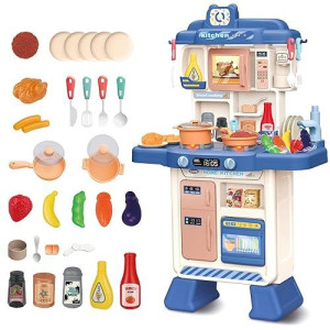 Deao Kids Kitchen Playset 35Pcs Play Kitchen Toys Accessories With Sounds Lights,Cooking Stove Steam,Pretend Play For Toddler Aged 3 4 5 6 7 8 Years (Blue)