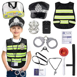 10Pc Kids Halloween Costume,Halloween Costumes For Girls Boys,Pretend Play Police Officer Costume,Role-Playing Handcuffs,Keys,Work Card,Baton,Badge,Police Accessories Family Dress Up Party Gift