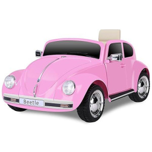 Forever Source 12V Kids Electric Car, Licensed Volkswagen Beetle Power Wheels With Remote Control, Ride On Car Toys With Led Light, 3 Speeds, Music, Bluetooth, Pink