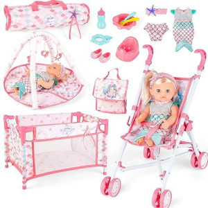 Deao 12 Inch Baby Doll Stroller Play Set,14 Pcs Baby Doll Accessories With Foldable Doll Stroller,Crib,Play Mat,Doll Clothes And Travel Bag,Pretend Play Baby Care Toy Gift For 3 4 5 Girls