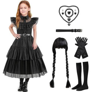 Black Costume Dress For Kids With Wig Belts Socks Earrings - Girls Dress With Belt Thing Hand Props, Halloween Costume Cosplay Party, Middle