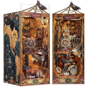 Ronstone Diy Book Nook Kit - Pirate 3D Wooden Miniature Puzzles With Led Light Dollhouse Model Craft Kits For Adults Bookshelf Insert Decor - Halloween Christmas Birthday Gifts For Adults