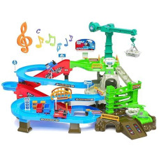 Risuntoy 64Pcs Train Engineering Adventure Track Toy For Kids 3+,Electric Climbing Ladder, Rotating Crane, Multi-Level Obstacles, Realistic Mining World With Parking&Gas Station,Ideal Gift